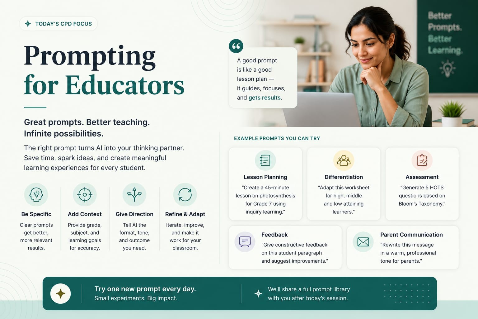 Prompting for Educators guide with examples for lesson planning, differentiation and assessment